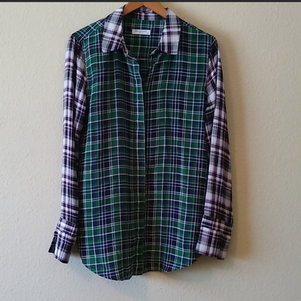 Equipment Green Multi Plaid Silk Button Blouse